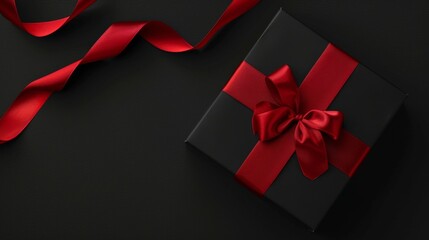 Elegant Black Gift Box with Red Ribbon, Generative AI