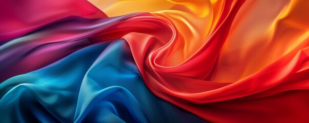 Vibrant swirling fabrics in red, orange, and blue, abstract art. Colorful texture and flow concept