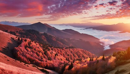 autumn sunrise cloudy sky over mountains abstract colorful peaceful sky background - Powered by Adobe