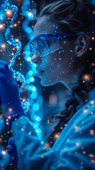 Female scientist with virtual DNA, highlighting innovation in genetic research and technology.