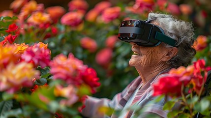 Happy elderly woman in wheelchair using VR headset outdoors