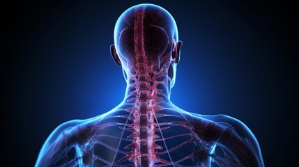 A man's o women skeleton is shown in red and blue. The skeleton is shown in a very detailed and realistic way, with the bones clearly visible. The colors of the skeleton are vibrant and eye-catching