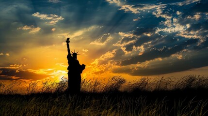 A dramatic poster featuring the silhouette of the Statue of Liberty against a sunset sky.