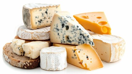 Assorted gourmet cheese selection on white background
