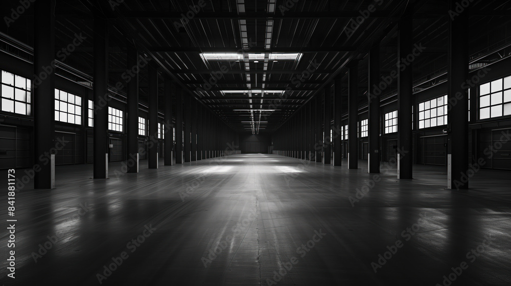 Poster big black empty clean warehouse. background image. created with generative ai technology.