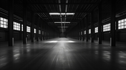 Big black empty clean warehouse. Background image. Created with Generative AI technology.