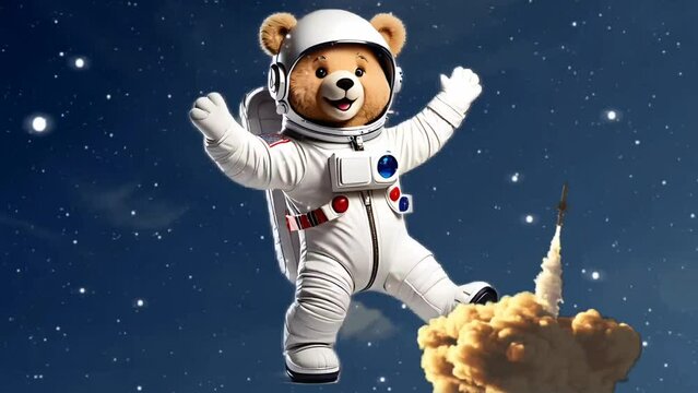Teddy bear in astronaut costume with rocket launch. 
