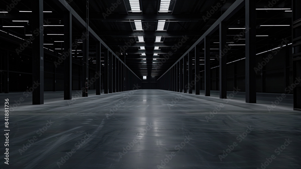 Poster big black empty clean warehouse. background image. created with generative ai technology.