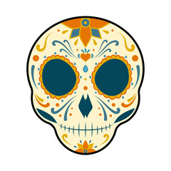 Calavera de día de muertos tradición México decoraciones flores en anaranjado, amarillo y verde