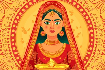 Elegant Indian bride in traditional attire with ceremonial oil lamp