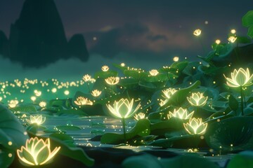 Enchanted pond with glowing lotus flowers at twilight