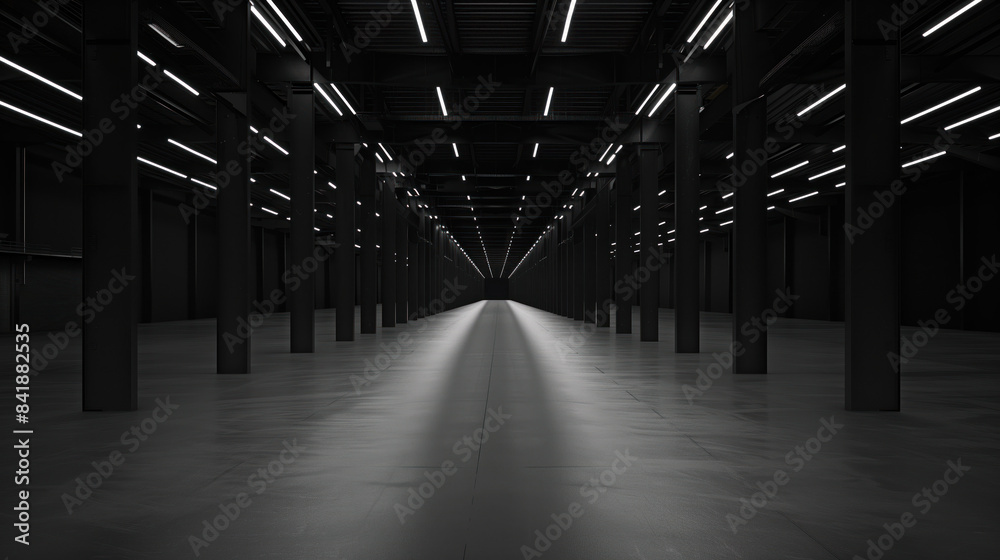 Poster big black empty clean warehouse. background image. created with generative ai technology.