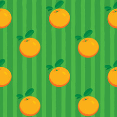 Fruit seamless pattern with taste whole orange on green striped backdrop. Summer vector background in flat style with citrus fruits. Suitable for wallpaper, wrapping paper, fabric