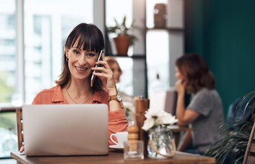 Phone call, laptop and woman in cafe, portrait and chat for project, copywriting and business or company. Coffee shop, employee and communication for person in B2B, writer and smile with happiness