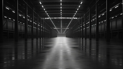Big black empty clean warehouse. Background image. Created with Generative AI technology.