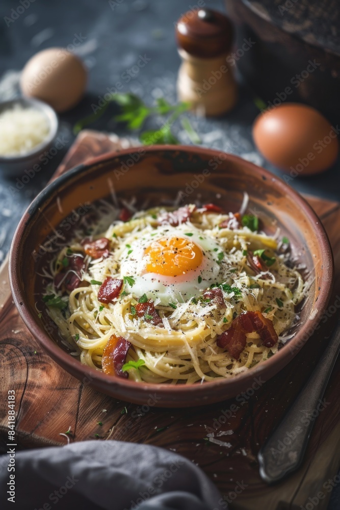 Aufkleber A simple meal of pasta served in a bowl with a single egg on top