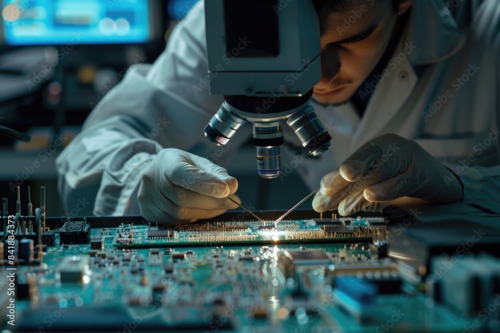Aufkleber a person assembling electronic components with a microscope