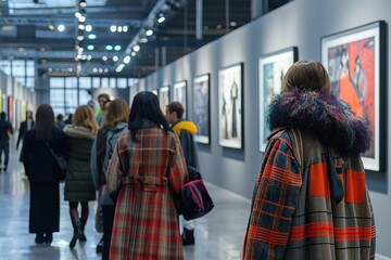 A crowd of people walk through an exhibition hall with framed artwork on the walls.