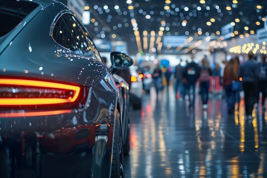 A close-up view of a sleek, modern car displayed at a bustling trade show, showcasing the latest advancements in the automotive industry.