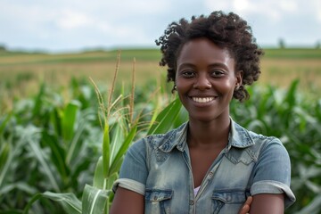 A smiling Brazilian agronomist woman stands in a field of corn, showcasing her passion for agriculture.