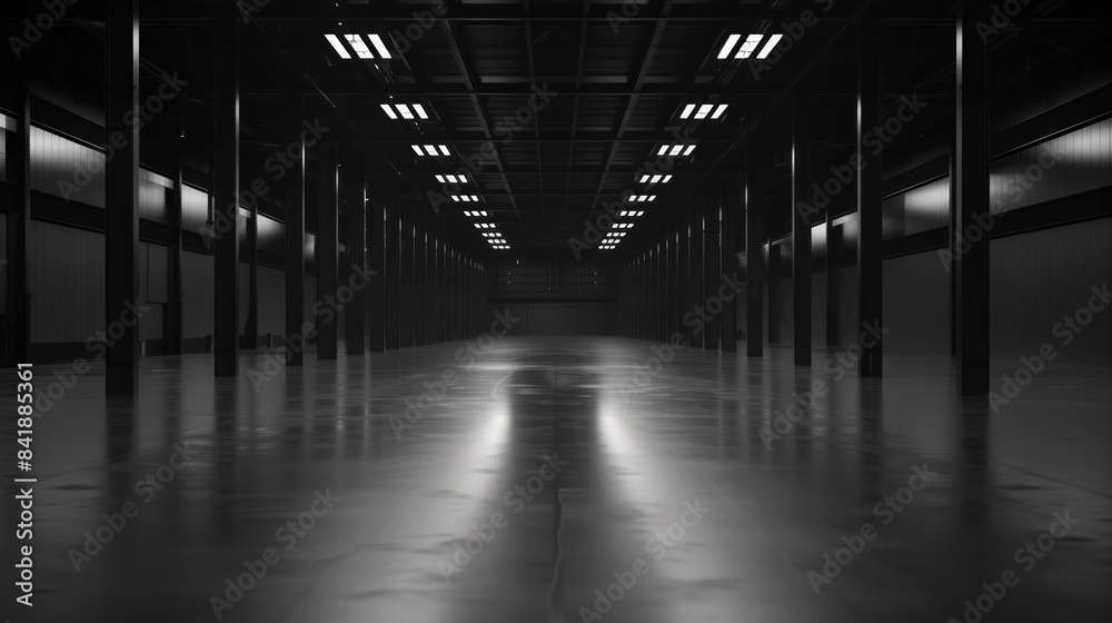 Poster big black empty clean warehouse. background image. created with generative ai technology.