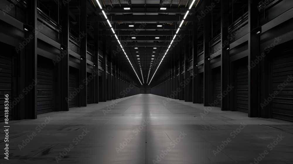 Poster big black empty clean warehouse. background image. created with generative ai technology.