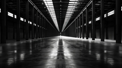 Big black empty clean warehouse. Background image. Created with Generative AI technology.