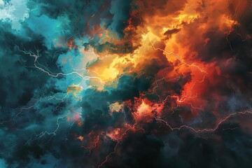 Dramatic sky with vibrant orange and blue clouds illuminated by lightning, perfect for adding impactful visual interest to your project.