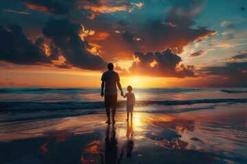 A father and young son enjoying a peaceful moment together on the beach as the sun sets in the background