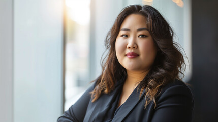 Fototapeta premium copy space, stockphoto, plus size asian businesswoman in an office environment. Succesful hispanic business woman standing in an office. Confident successful woman.