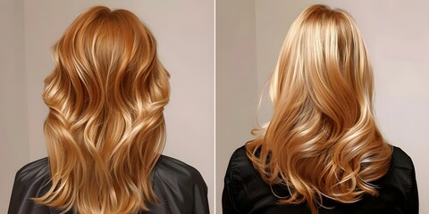 Fototapeta premium Before and after photos of a blonde womans back view hairstyle. Concept Hair Transformation, Blonde Hair, Hairstyle Makeover, Back View, Before and After Photos
