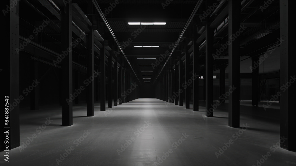 Poster big black empty clean warehouse. background image. created with generative ai technology.