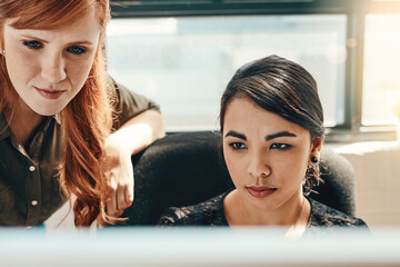 Business people, computer and help with women, mentor and connection for research, cooperation and...