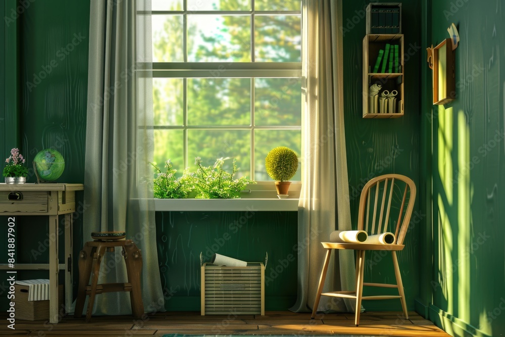 Poster a simple interior scene showing a chair in a green room with a window