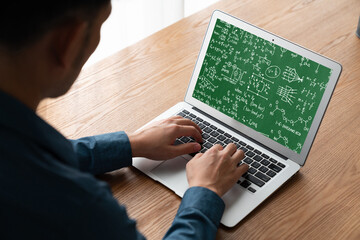 Mathematic equations and modish formula on computer screen showing concept of science and education