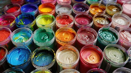 Acrylic paint in containers and decorative strands for creating on a blank canvas