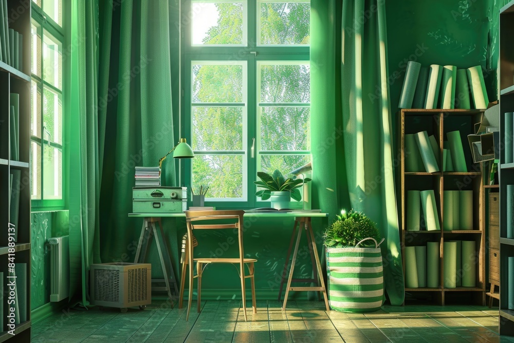 Poster a cozy study room with a desk and bookshelf, perfect for reading or working