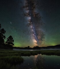 Fototapeta premium The Milky Way and Green Airglow Illuminate a Mystical Waterfall, Night Photography, Illuminated Sky, Surreal Nightscape, Celestial Symphony