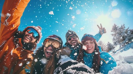 Group of friends capturing memories in winter scenery