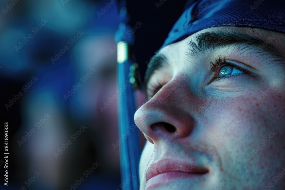 Wall mural a close-up shot of a person wearing a cap and gown, suitable for academic or graduation themed photo