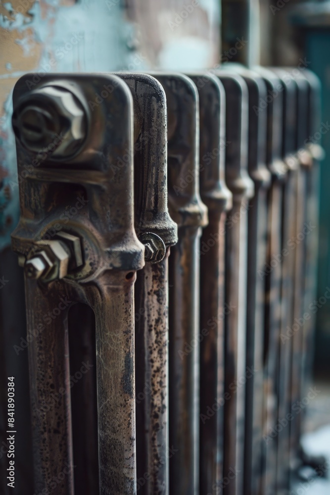 Poster an old radiator sits in front of a wall, potentially used as a decorative piece or part of a vintage
