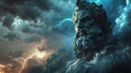 The God Zeus on the background of a gloomy sky with lightning.