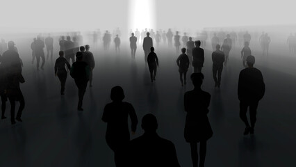 Silhouettes of many people walking slowly in fog. People, spirits, phantoms, walking in mist, haze, after life plane. Slow motion. 3d render illustration