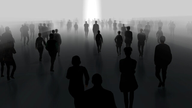 Silhouettes of many people walking slowly in fog. People, spirits, phantoms, walking in mist, haze, after life plane. Slow motion. 3d render illustration