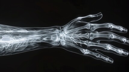 X-ray image of human forearm and hand from side view. Radiology and healthcare concept