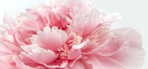 Pink peony fully bloomed, detailed macro shot with rich color, white background, natural light close up.