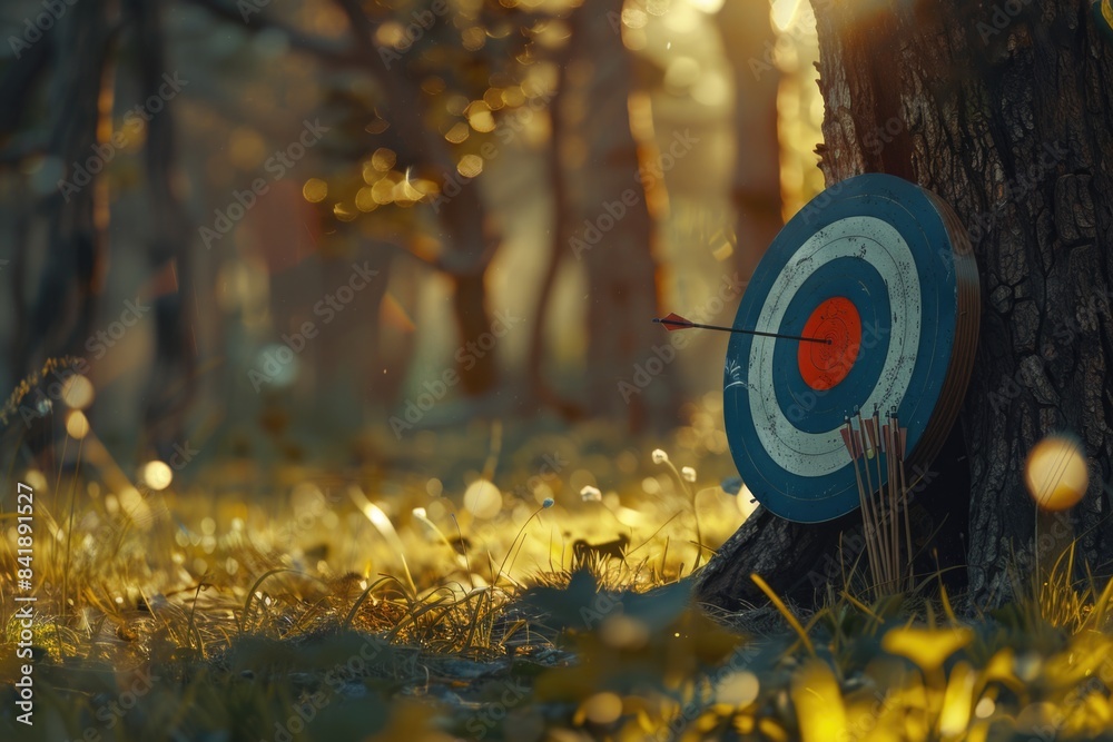 Poster An arrow is lodged in the center of a target, providing a clear visual representation for various applications