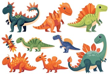 A set of cute and colorful cartoon dinosaurs, perfect for kids' illustrations or designs