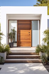  Modern wood door, entrance to a home with plants.