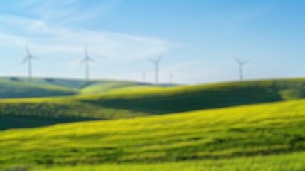 Blur background of solar panel and wind turbines on a green field with yellow flowers. Renewable...